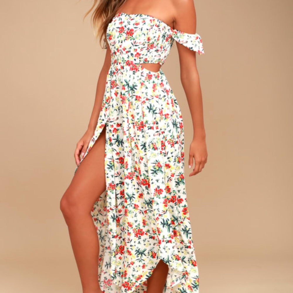 Easy on the Eyes Cream Floral Print Off-the-Shoulder Maxi Dress